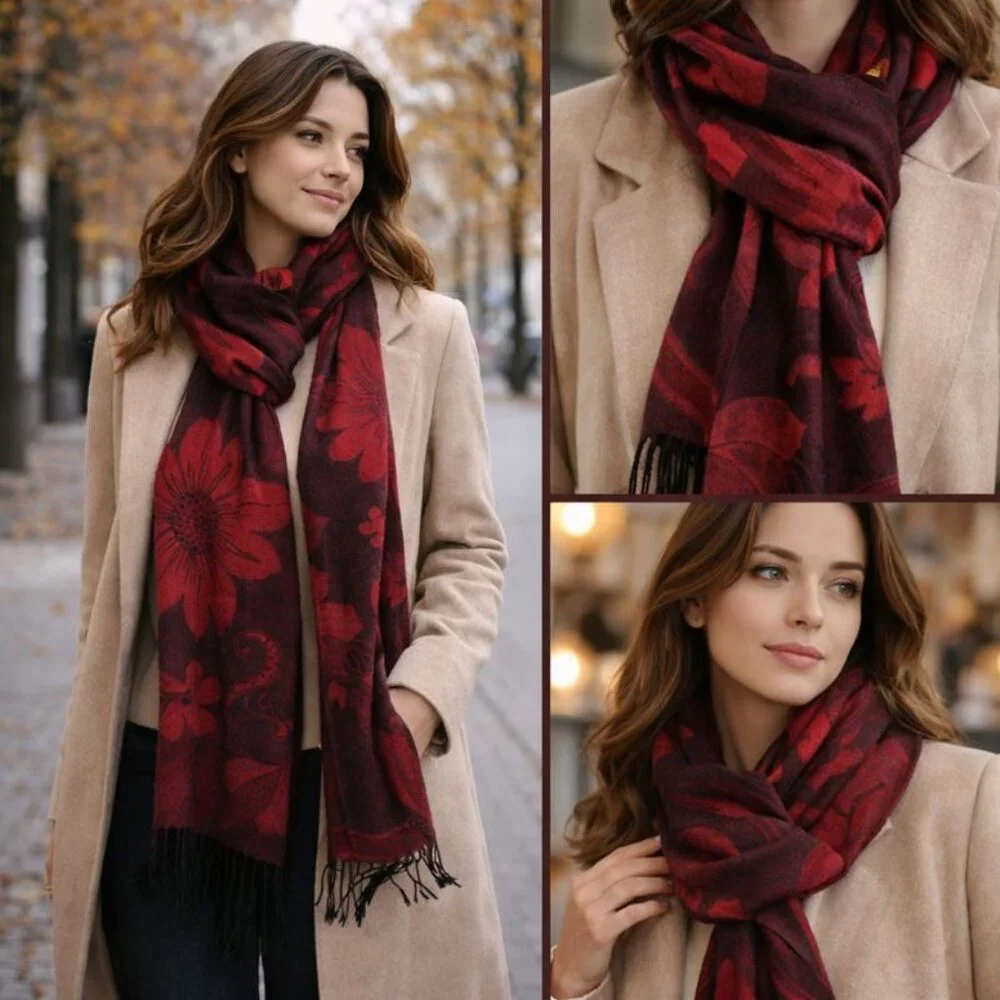 🌹Jerusalem Label 100% Cashmere Shawl – Garnet Floral Weave • Quiet Luxury